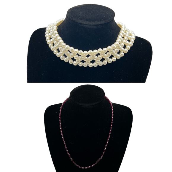 Beaded Chokers (2) Stretchy Weaved Faux Pearls & Small Purple Glass Bead Stand - Picture 2 of 13